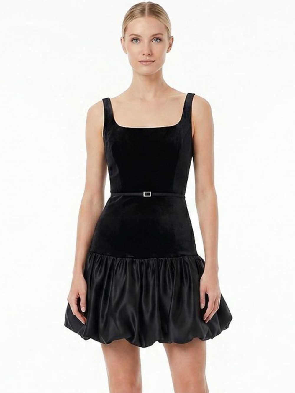 Maison Tara Lux Velvet Square Neck Satin Bubble Skirt Mini Dress NWT